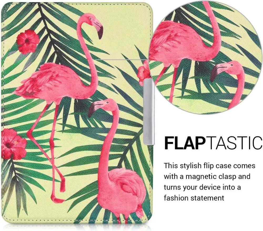 Pouzdro KW Mobile - Flamingos & Palm Trees - KW2582427 - pro Amazon Kindle Paperwhite 1/2/3 - světle zelené