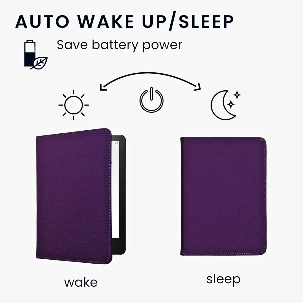 Pouzdro KW Mobile - Embossed Small Flowers - KW5781023 - pro Amazon Kindle Paperwhite 5 (2021) - fialové, kapsa na ruku