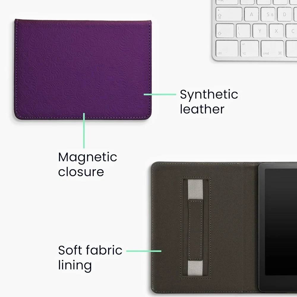 Pouzdro KW Mobile - Embossed Small Flowers - KW5781023 - pro Amazon Kindle Paperwhite 5 (2021) - fialové, kapsa na ruku