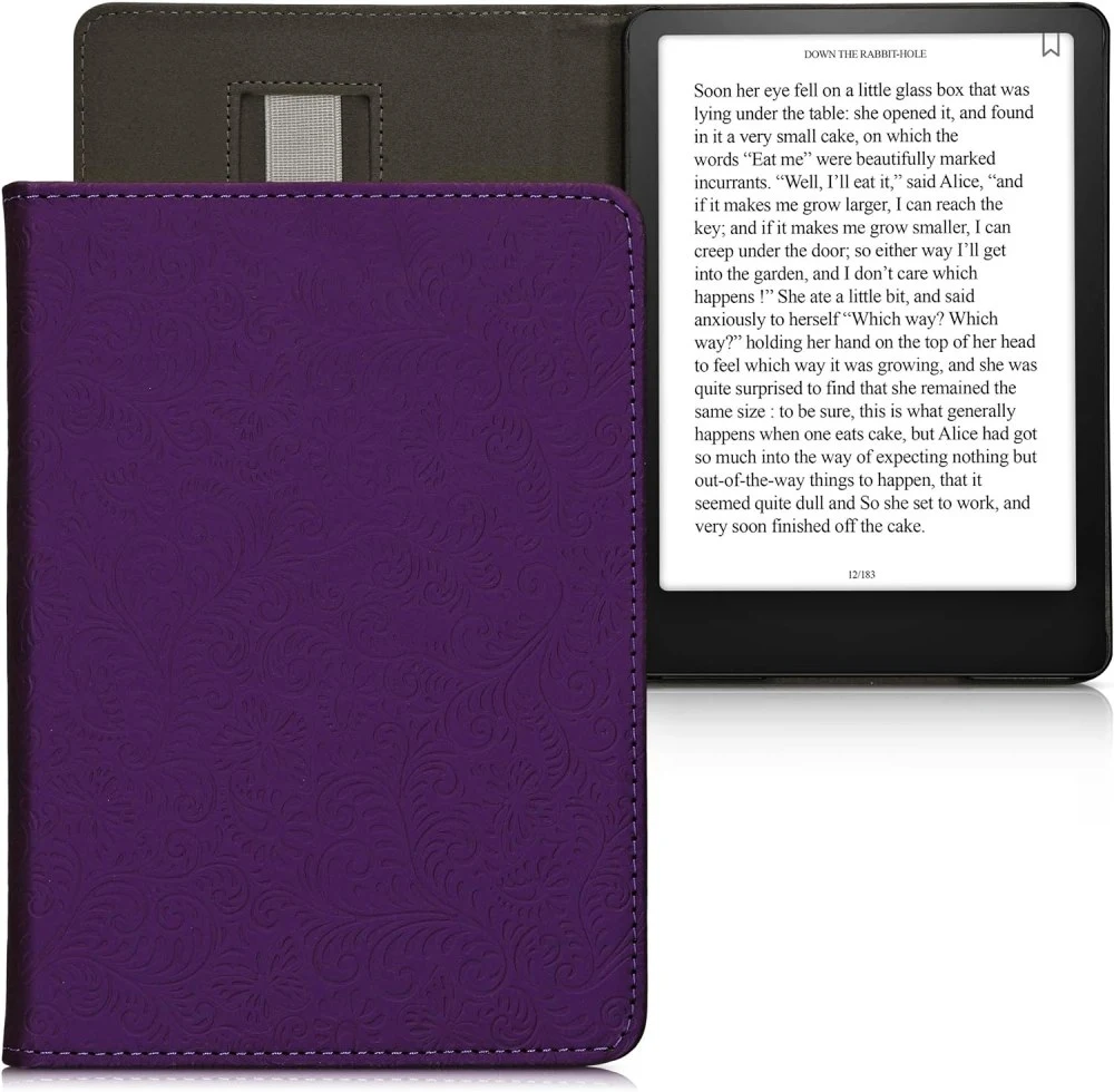 Pouzdro KW Mobile - Embossed Small Flowers - KW5781023 - pro Amazon Kindle Paperwhite 5 (2021) - fialové, kapsa na ruku