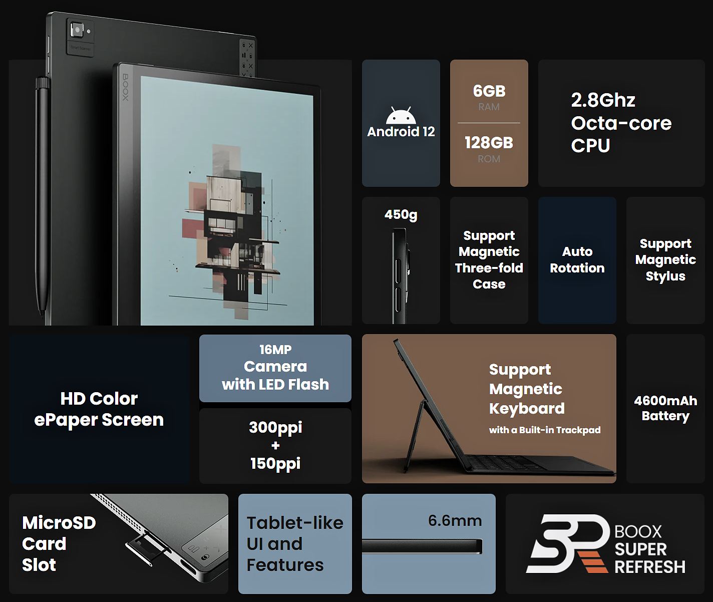 ONYX BOOX TAB ULTRA C PRO, 10,3", 128 GB, 16MP fotoaparát, podsvícená, Bluetooth, Android 12, E-ink displej, WiFi - černý