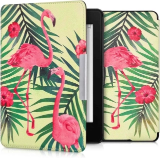 Pouzdro KW Mobile - Flamingos & Palm Trees - KW2582427 - pro Amazon Kindle Paperwhite 1/2/3 - světle zelené